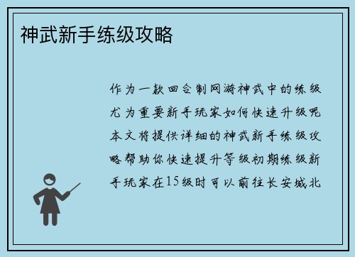 神武新手练级攻略